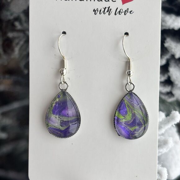 Handmade Purple Acrylic Pour Marble Teardrop Dangle Earrings Hypoallergenic Gift - Picture 2 of 4